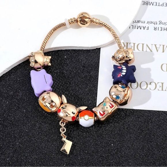 Gold Plated Pokemon Themed Charm Bracelet Adjustable Sizing Design - Picture 2 of 8